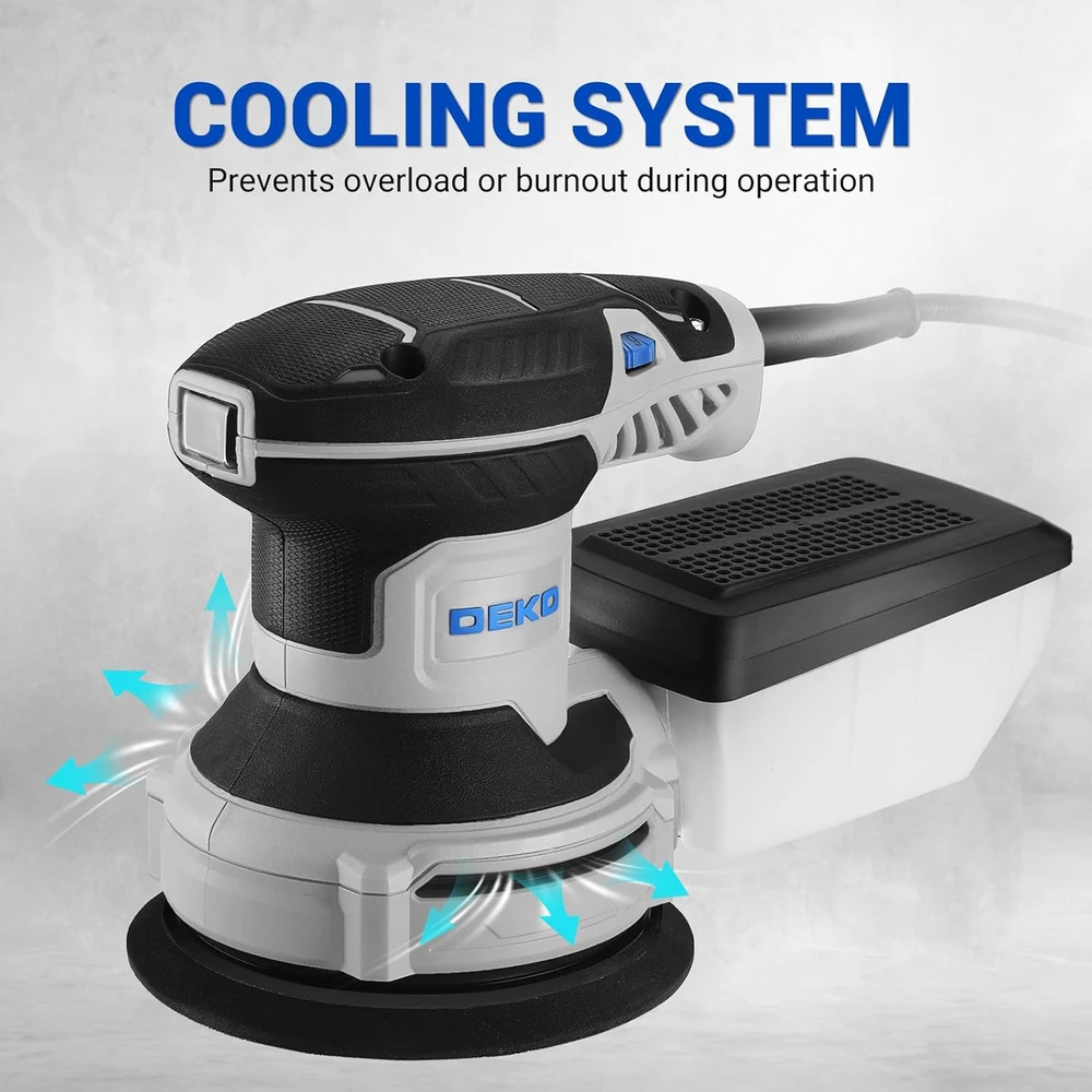 DEKOPRO ekscentrinė šlifavimo mašina 125 mm, 300 W, 6 greičiai, su dulkių siurbimu