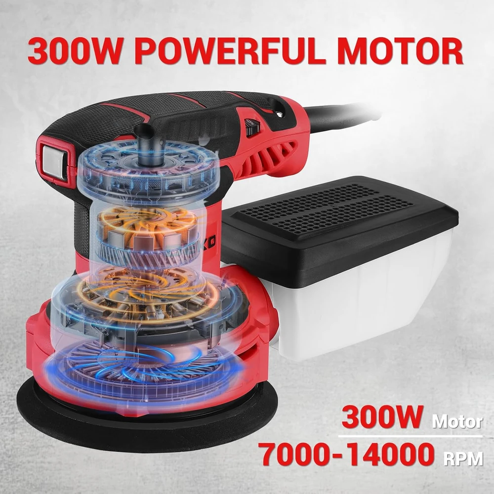 DEKOPRO elektrinė ekscentrinė šlifuoklė 300 W, 6 greičių, 14000 aps./min, DKOS30A125R-EU modelis