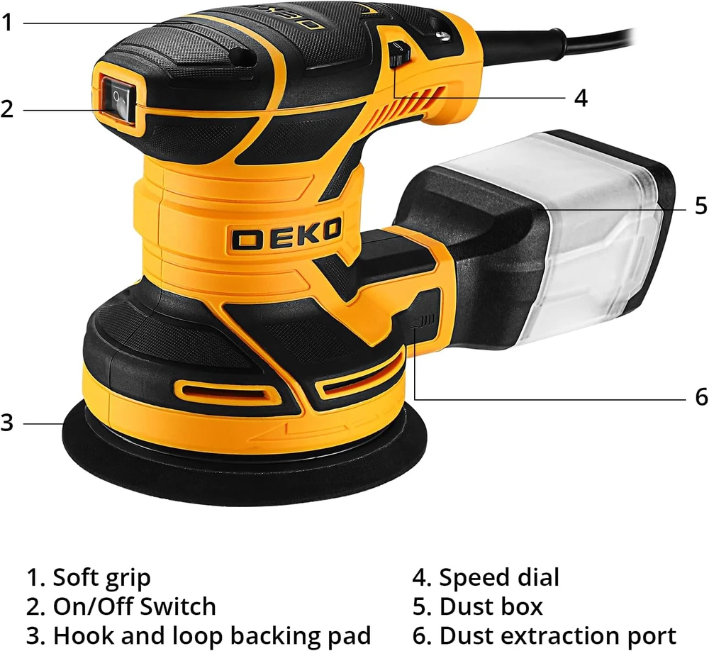DEKOPRO elektrinė orbitinė šlifuoklė 300 W, 6 greičiai, 14000 aps./min, DKOS30XL125