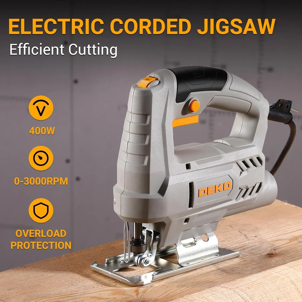 DEKOPRO elektrinė siaurapjūklė, 400 W, 0–3000 SPM, pjovimo gylis 55 mm, reguliuojamas 45° kampu, DKPJGSA040C1