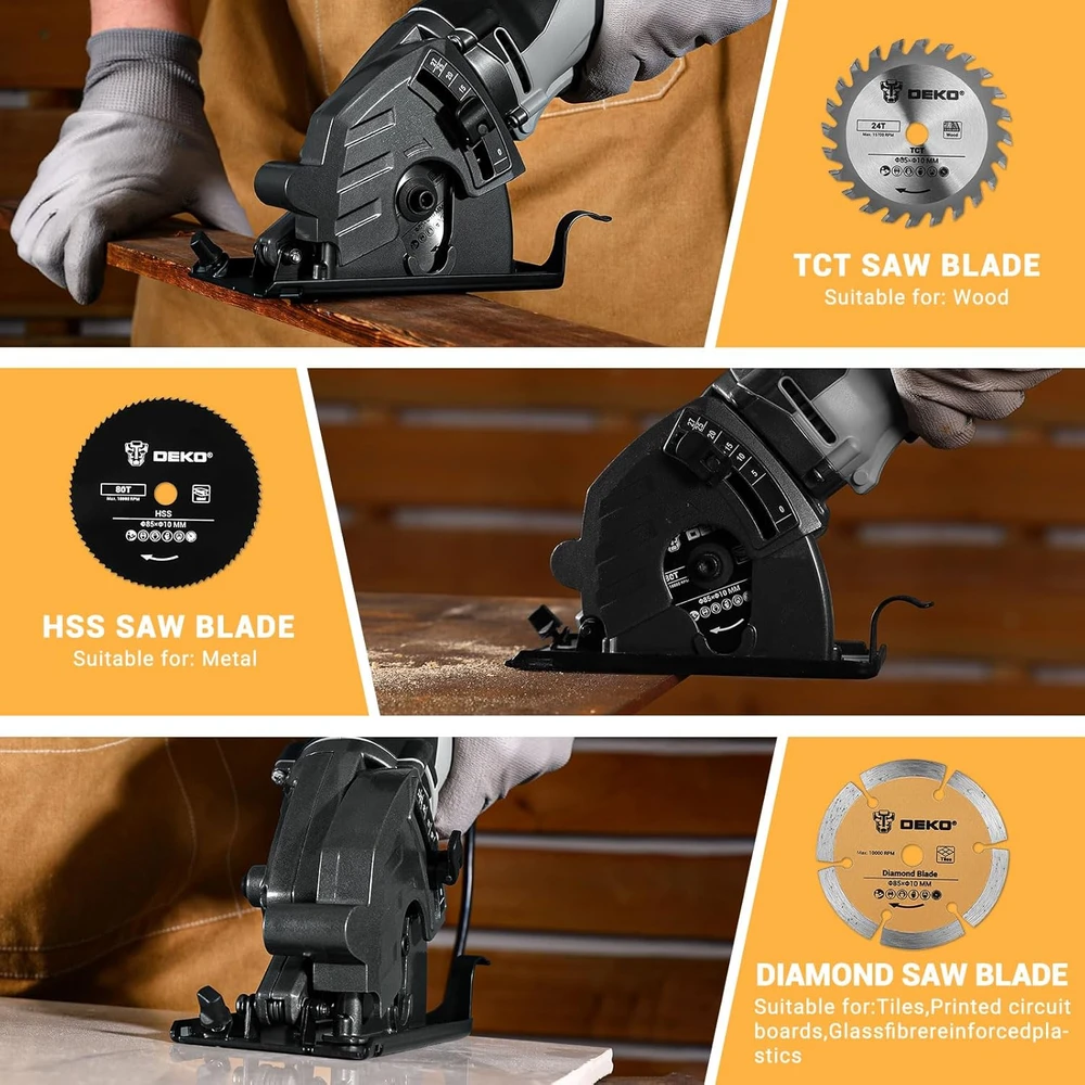 DEKOPRO mini diskinis pjūklas 600 W, 5500 aps./min., 85 mm diskas, pjovimo gylis iki 27 mm, DKPMCS0001
