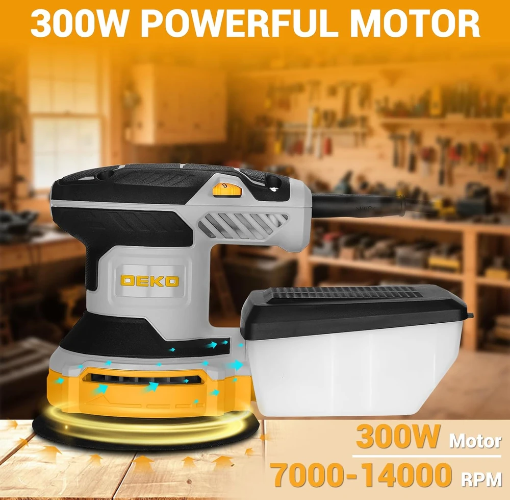 DEKOPRO orbitinė šlifuoklė 125 mm, 300 W, reguliuojamas greitis, dulkių surinkimas, DKPROSA030C1-K2GS-YEAZ