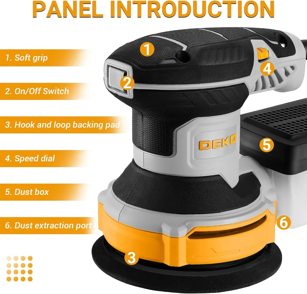 DEKOPRO osciliacinė šlifuoklė 300 W, 6 greičiai, 14000 aps./min., 125 mm, DKOS30A125Y