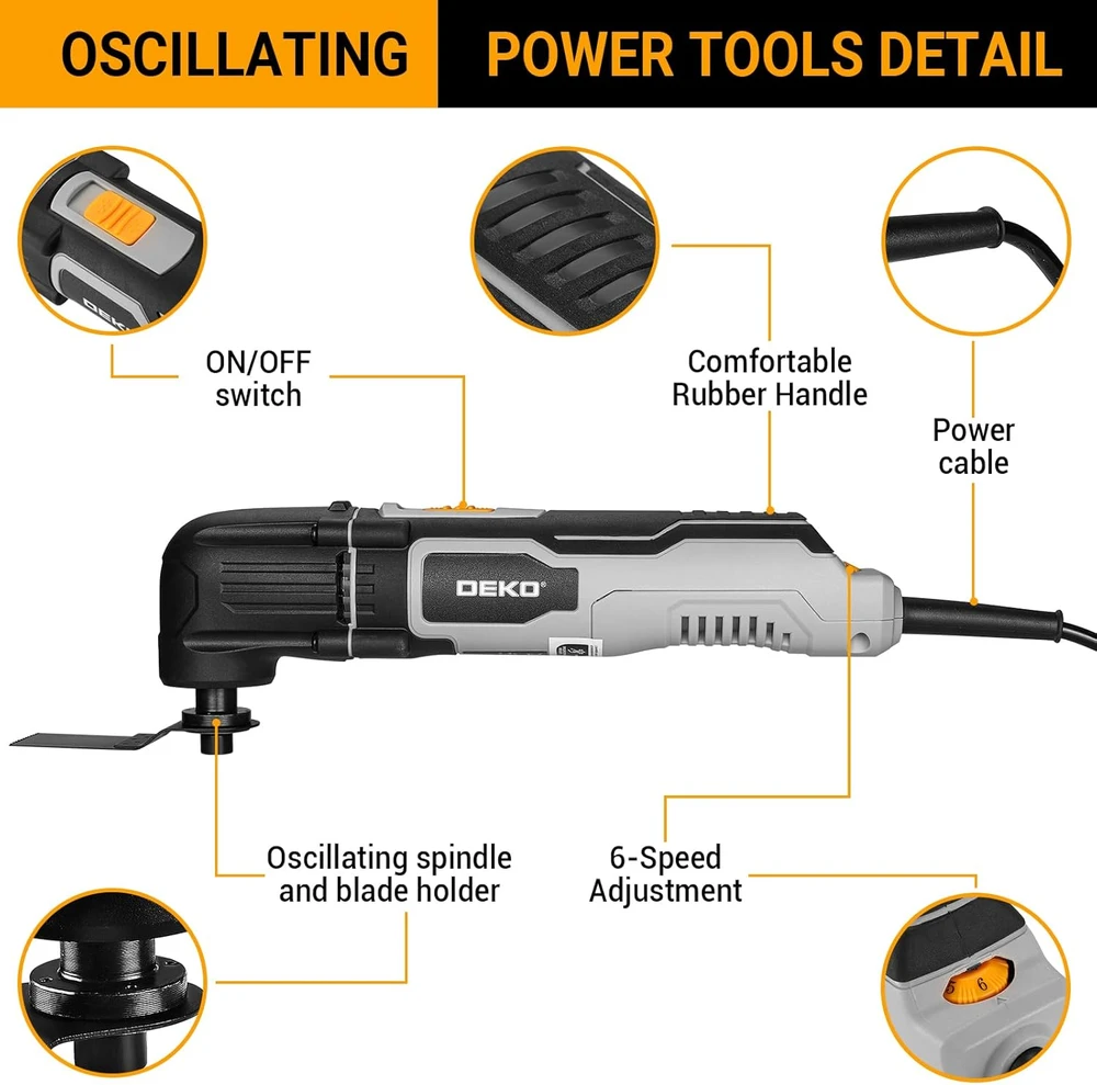 DEKOPRO osciliacinis daugiafunkcis įrankis 300 W, 3000–22000 rpm, su kintamu greičiu, DKPOMT0001
