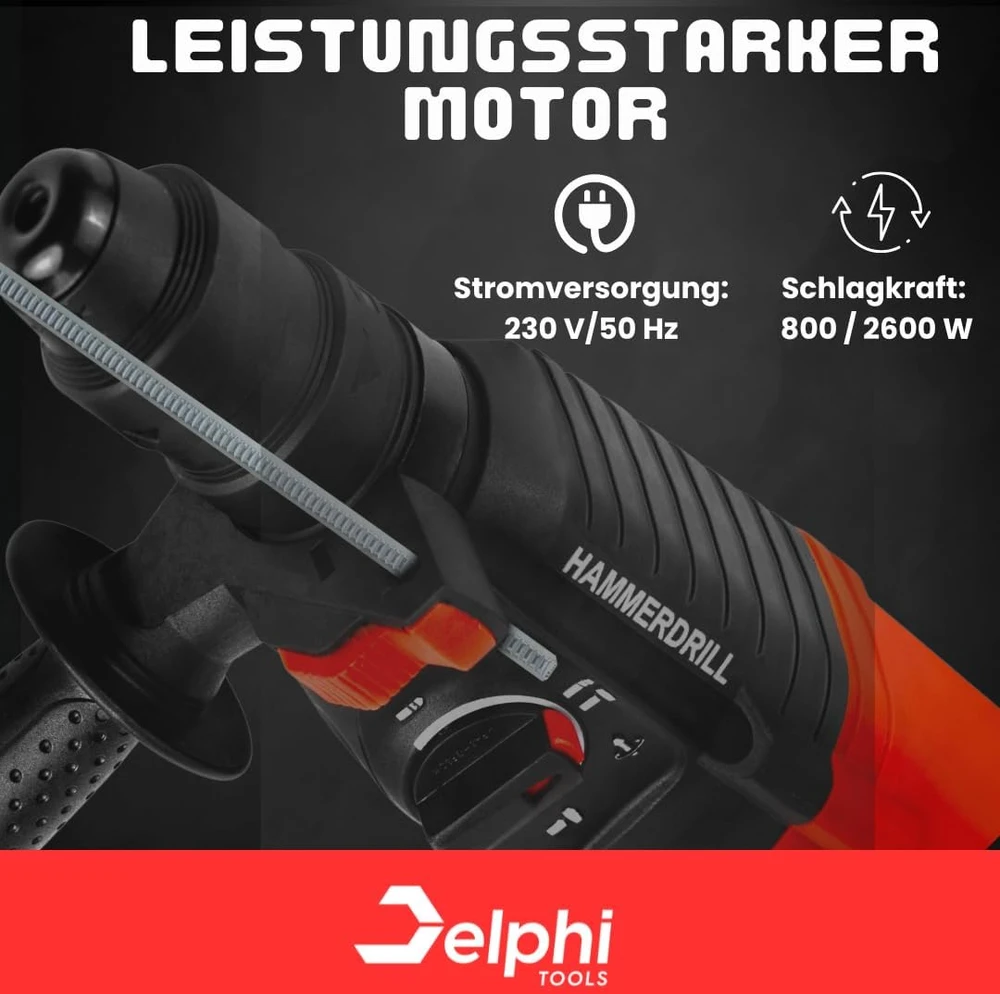 Delphi smūginis gręžtuvas-kaltas SDS+ 2600 W, 4 J, 4 režimai, Bohrhammer Delphi