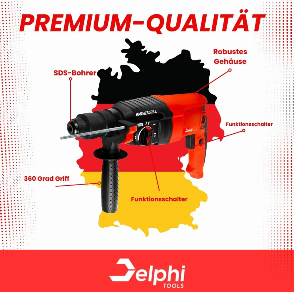 Delphi smūginis gręžtuvas-kaltas SDS+ 2600 W, 4 J, 4 režimai, Bohrhammer Delphi