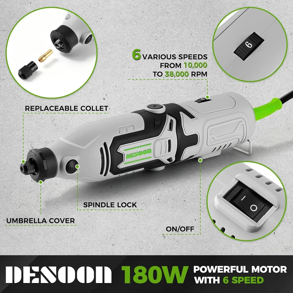 DESOON mini daugiaveikė rotacinė šlifuoklė 170 W, 1,8 m lankstus velenas, 6 greičių DSPSRT0002