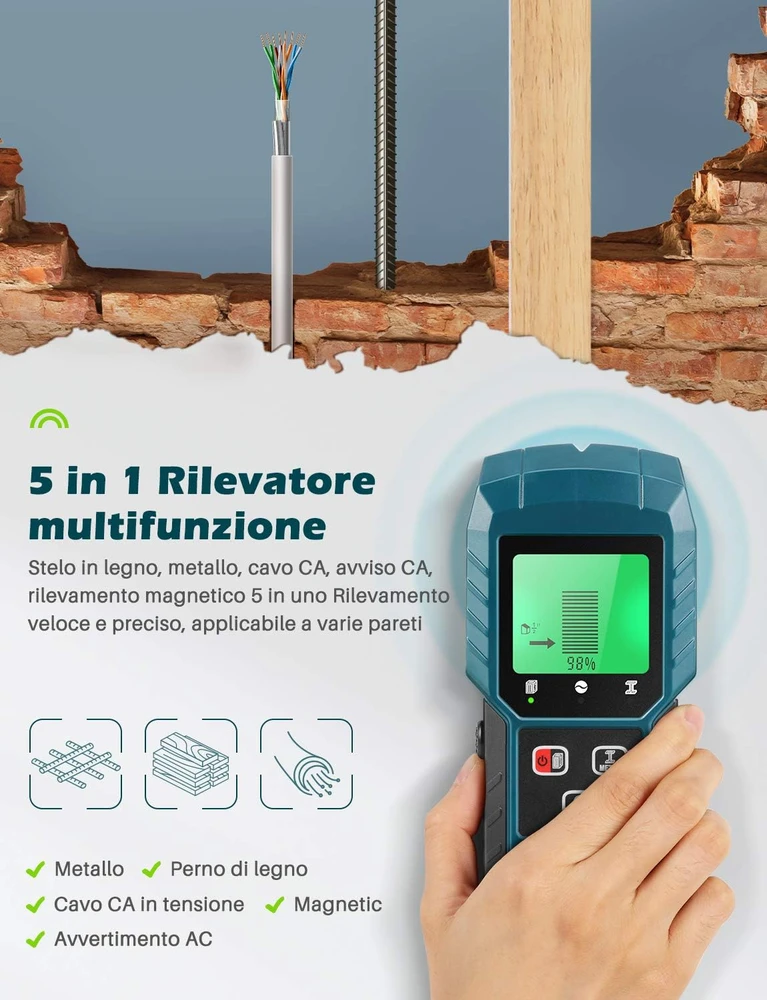 DETLEV PRO sienų detektorius 5 viename su LCD ekranu TH310_IT