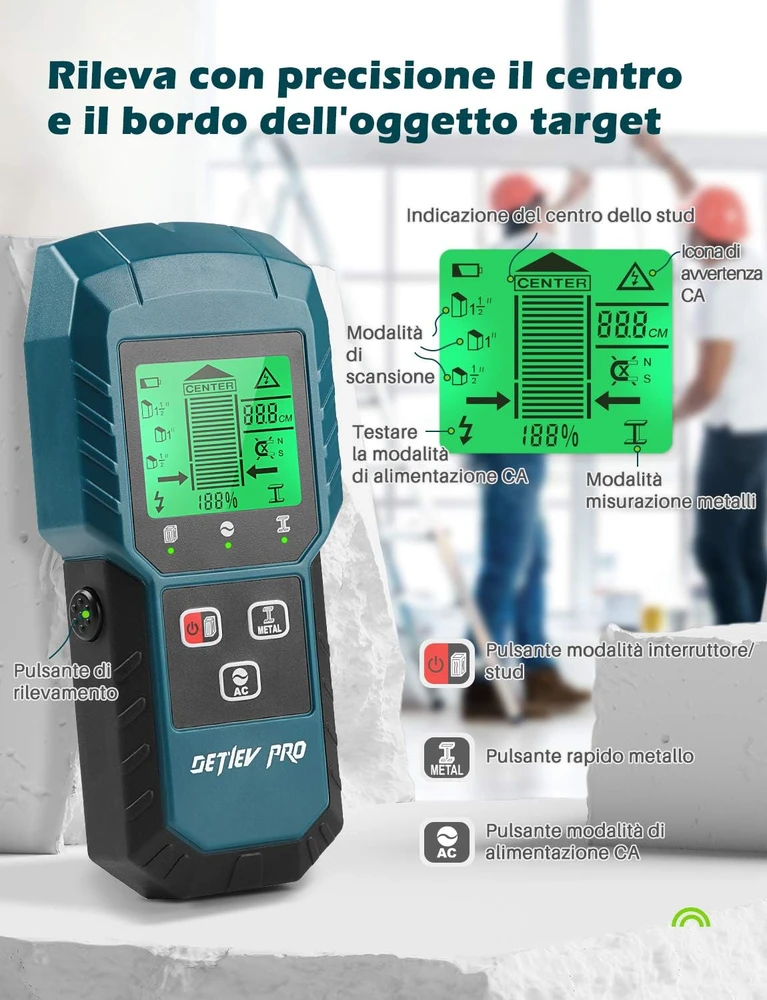 DETLEV PRO sienų detektorius 5 viename su LCD ekranu TH310_IT