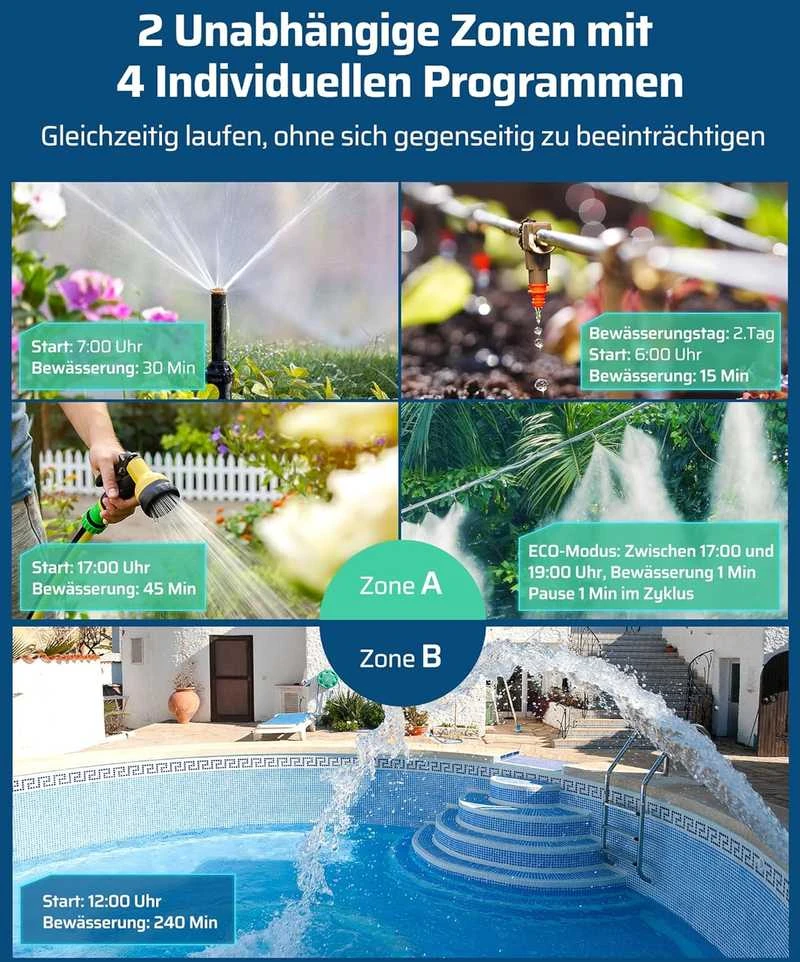 DEWENWILS laistymo valdiklis su 2 išėjimais, 8 programos, lietaus atidėjimo funkcija, 3/4 colio jungtis