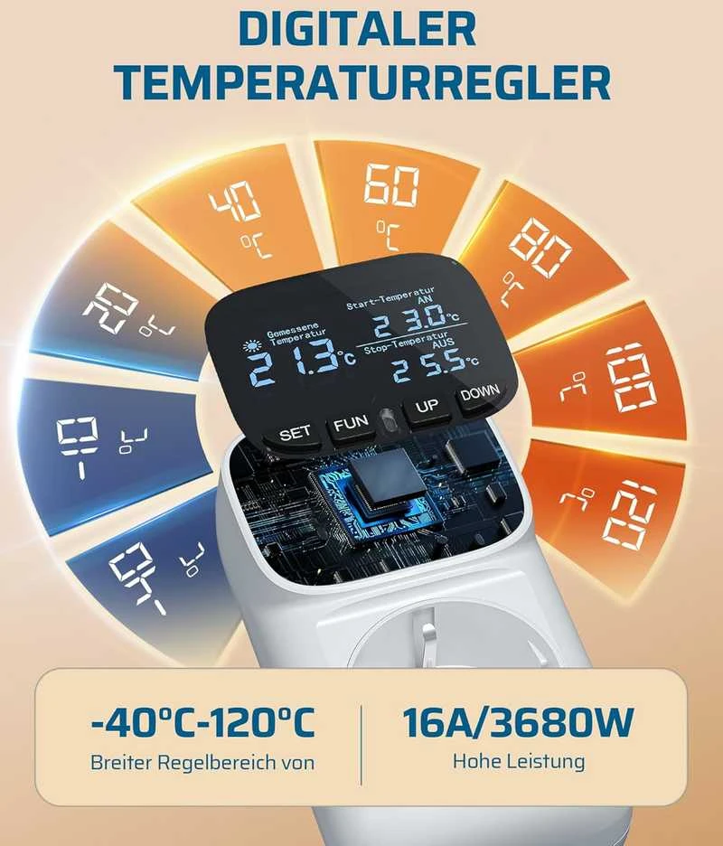 DEWENWILS skaitmeninis temperatūros reguliatorius su jutikliu, LCD ekranas, kištukinis, 230 V, režimai šilumai ir vėsumui