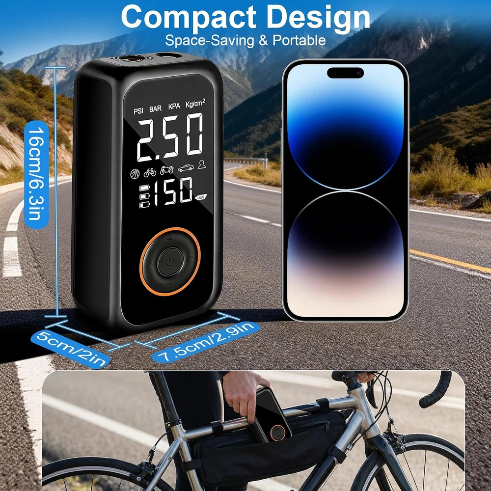 Dictien belaidis padangų kompresorius 150 PSI, 8000 mAh, su LCD ekranu QC-001B