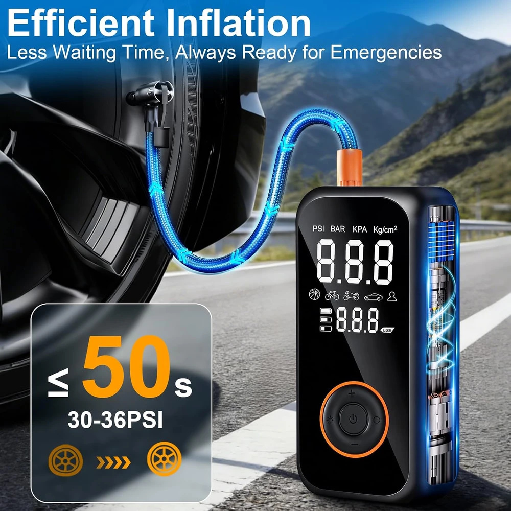 Dictien belaidis padangų kompresorius 150 PSI, 8000 mAh, su LCD ekranu QC-001B