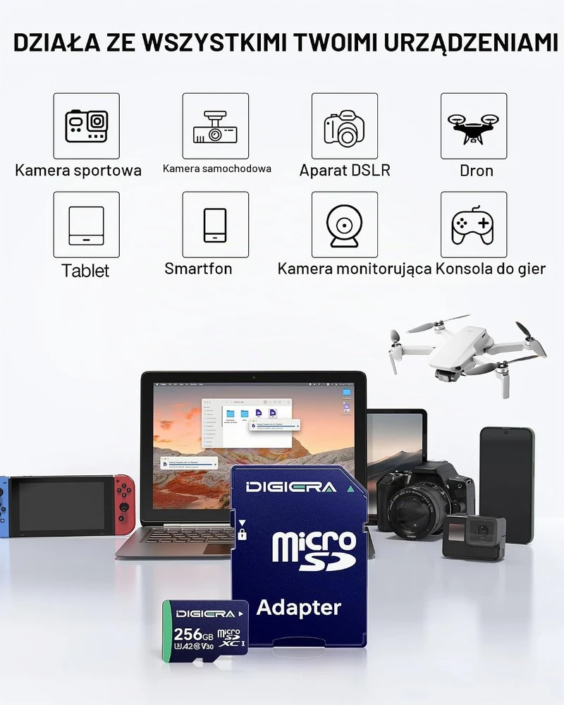 DIGIERA 256 GB Micro SDXC atminties kortelė, UHS-I, 100 MB/s, C10, U3, V30, DGCT100256