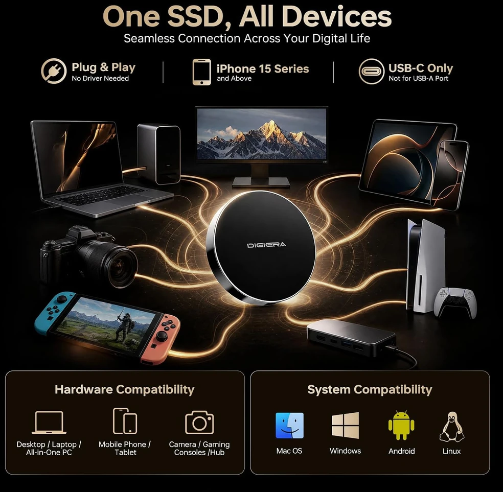 Kietasis diskas DIGIERA išorinis magnetinis SSD diskas 1 TB USB-C 3.2 Gen 2x2 LPS2000M