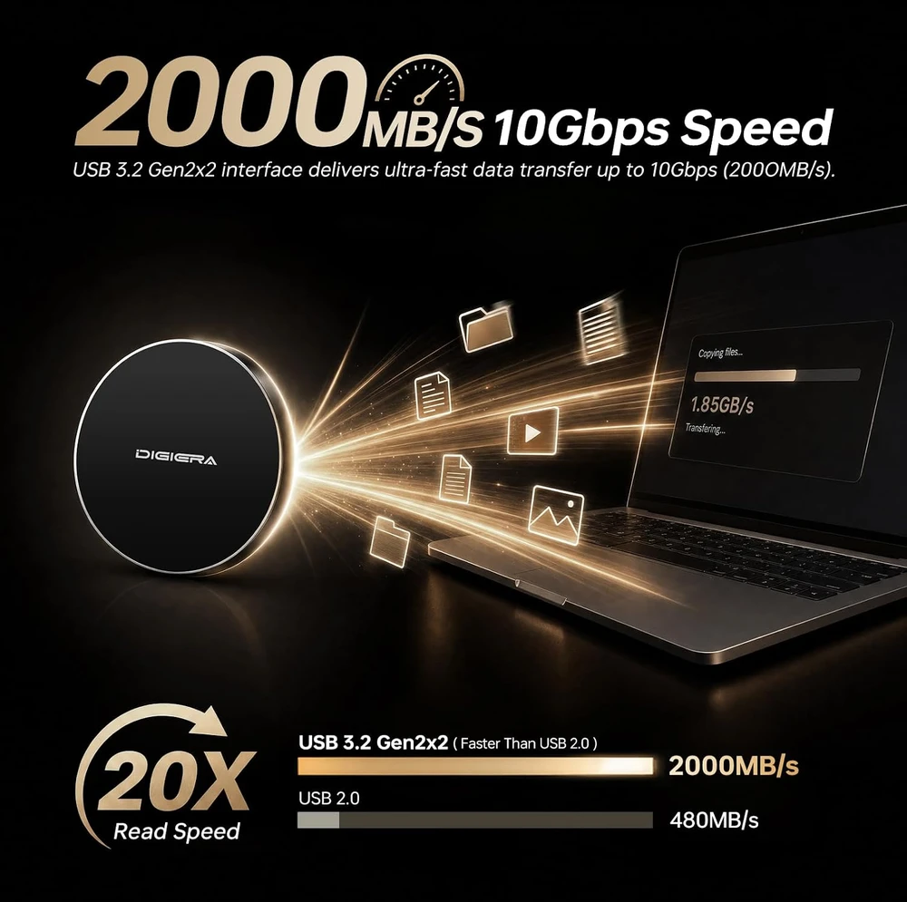 Kietasis diskas DIGIERA išorinis magnetinis SSD diskas 1 TB USB-C 3.2 Gen 2x2 LPS2000M