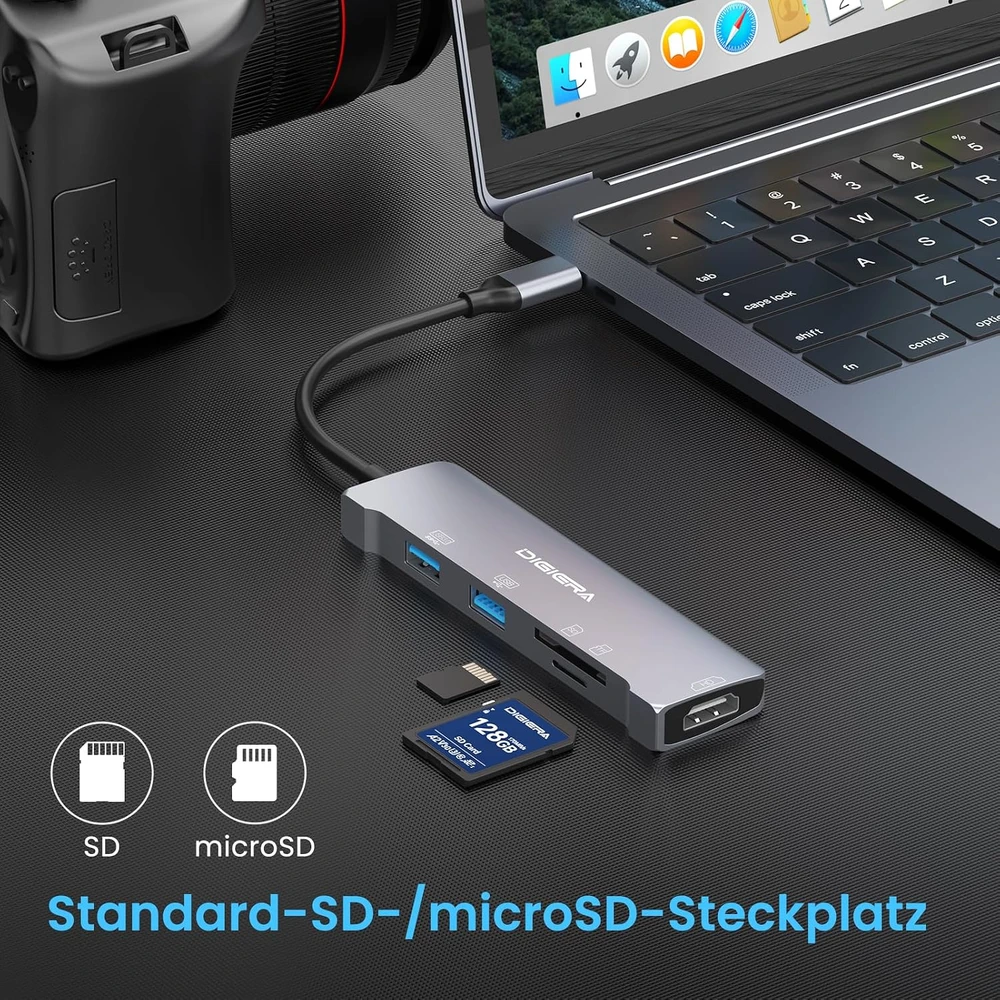 DIGIERA USB-C šakotuvas 5 viename su HDMI 1080p, USB 3.0 5 Gbps ir SD/Micro SD