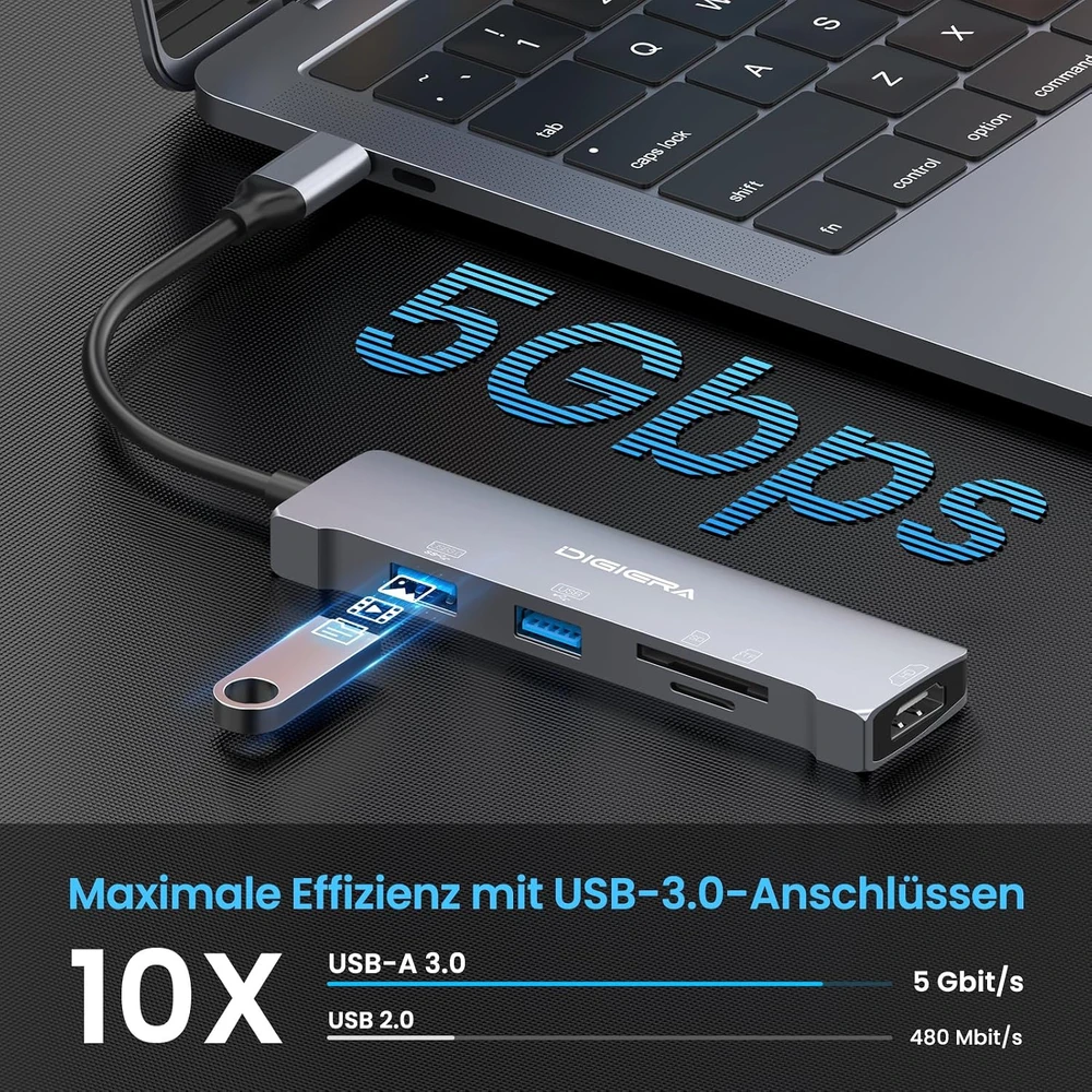 DIGIERA USB-C šakotuvas 5 viename su HDMI 1080p, USB 3.0 5 Gbps ir SD/Micro SD