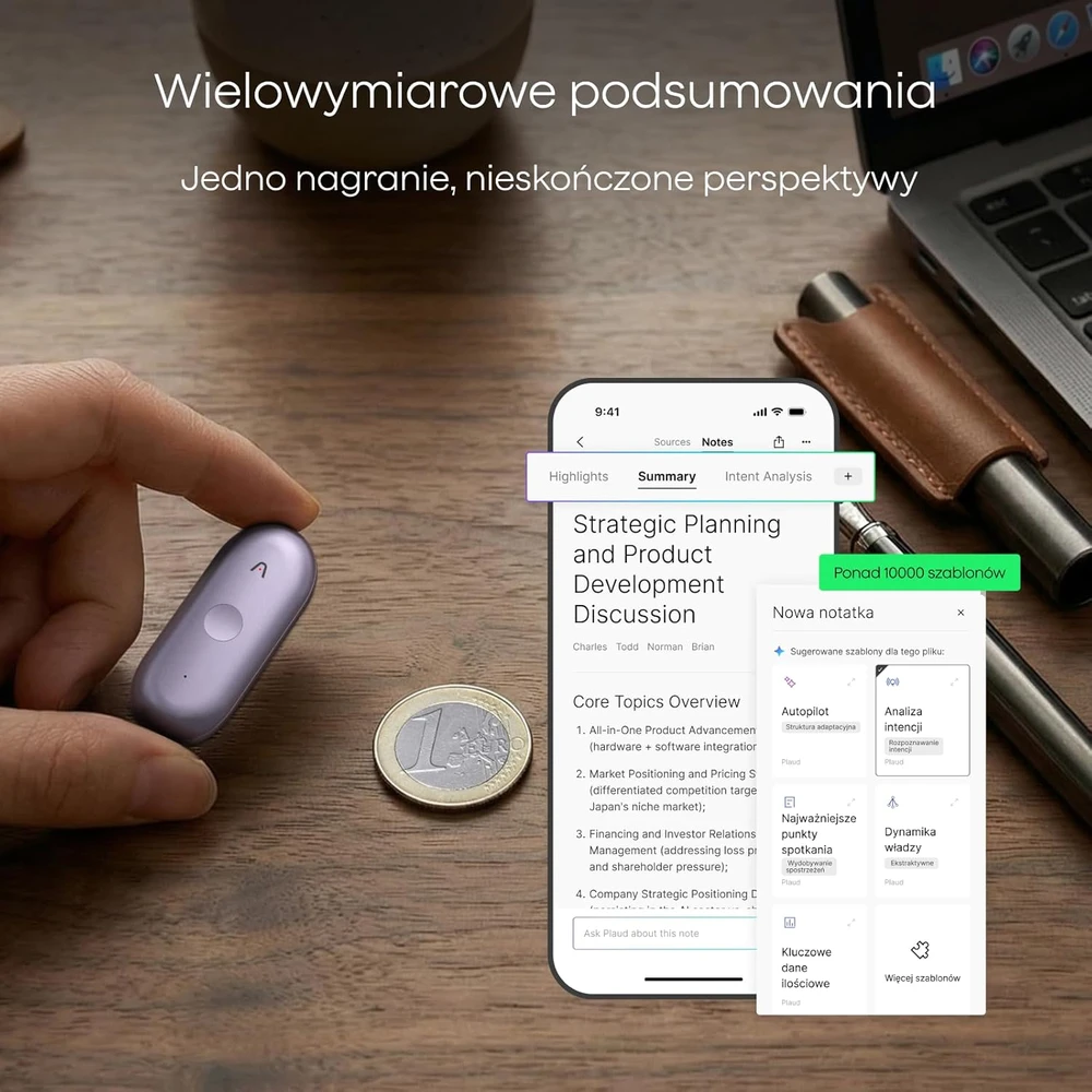 Diktofonas Plaud NotePin S AI balso įrašymo dyktafonas su lietimui jautriu mygtuku, 64 GB, Bluetooth 5, PN0210