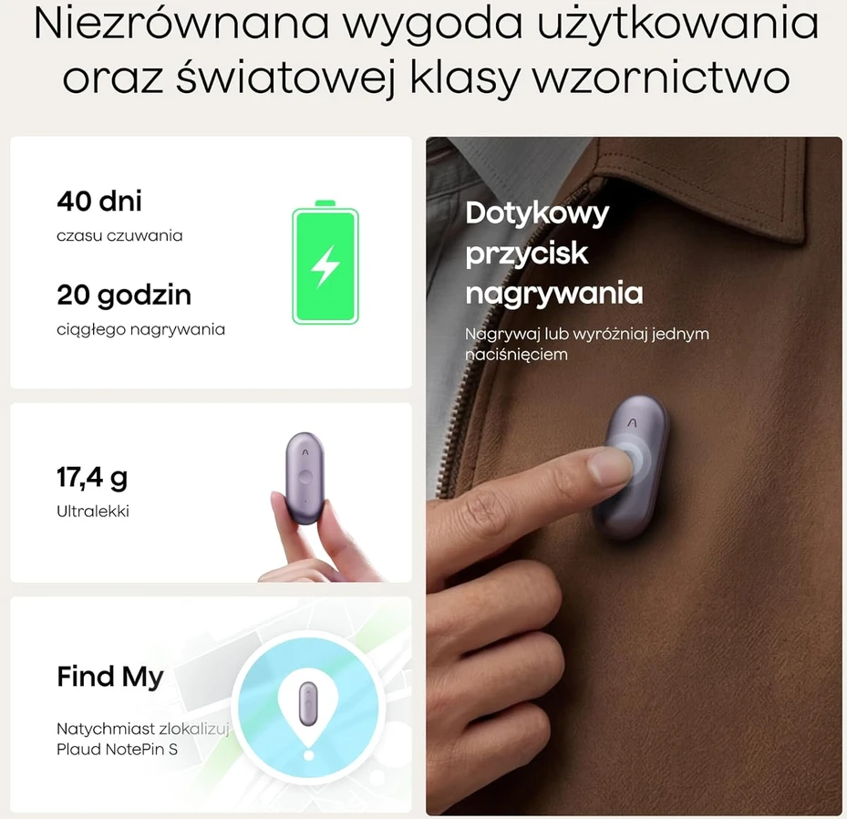 Diktofonas Plaud NotePin S AI balso įrašymo dyktafonas su lietimui jautriu mygtuku, 64 GB, Bluetooth 5, PN0210