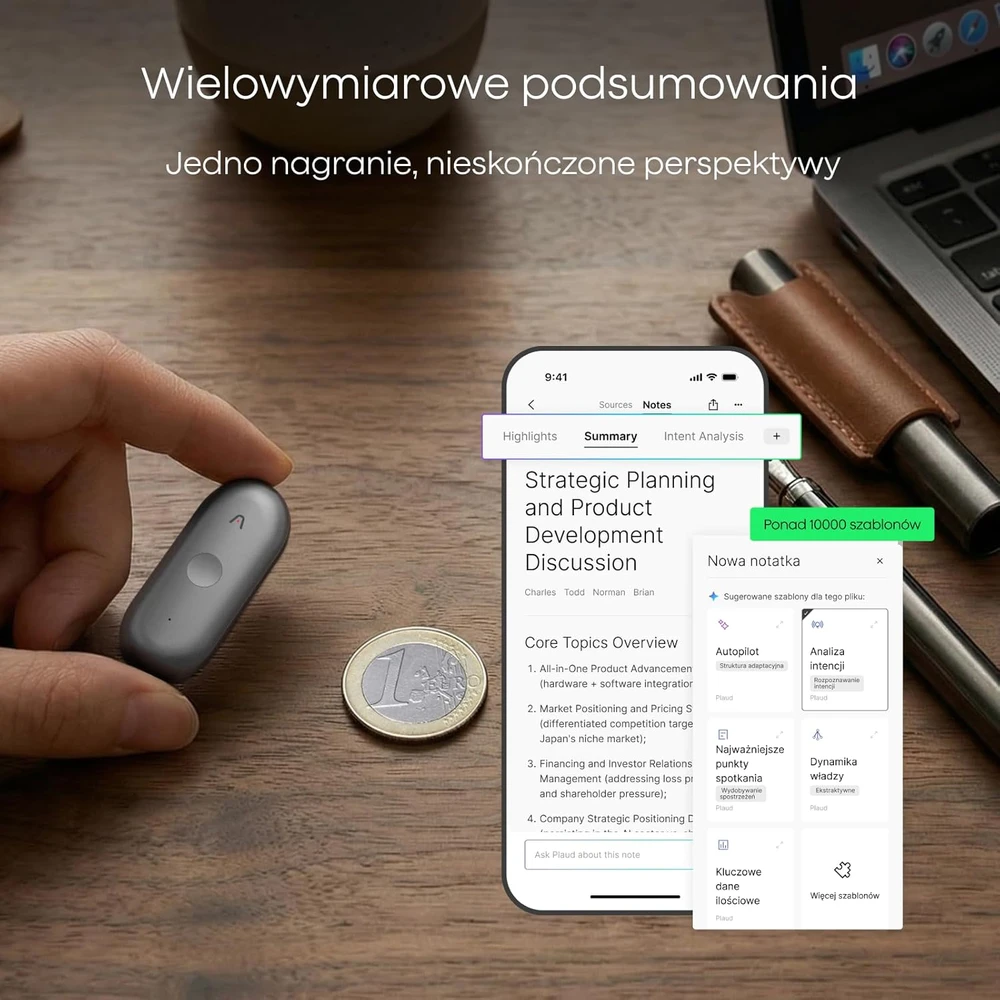 Diktofonas Plaud skaitmeninis dyktofonas NotePin S su 64 GB atmintimi, AI transkripcija, fizinis mygtukas, modelis PN0210