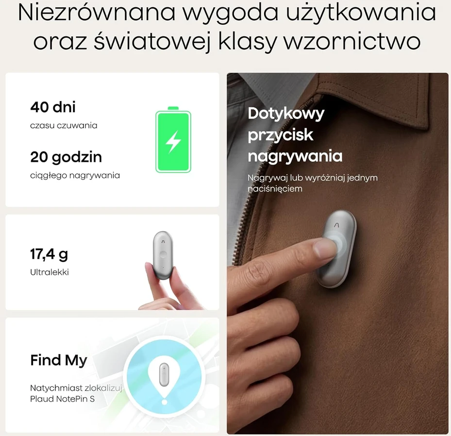 Diktofonas Plaud skaitmeninis dyktofonas NotePin S su 64 GB atmintimi, AI transkripcija, fizinis mygtukas, modelis PN0210