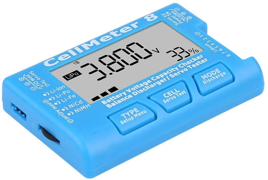 Dilwe akumuliatorių ir servomechanizmų testeris CellMeter 8, LiPo, LiFe, Li-Ion, 2–8S