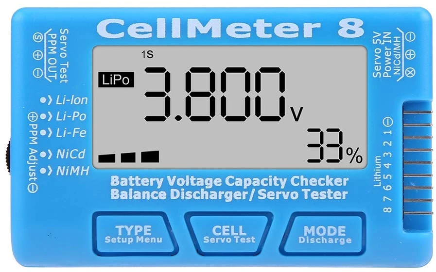 Dilwe akumuliatorių ir servomechanizmų testeris CellMeter 8, LiPo, LiFe, Li-Ion, 2–8S