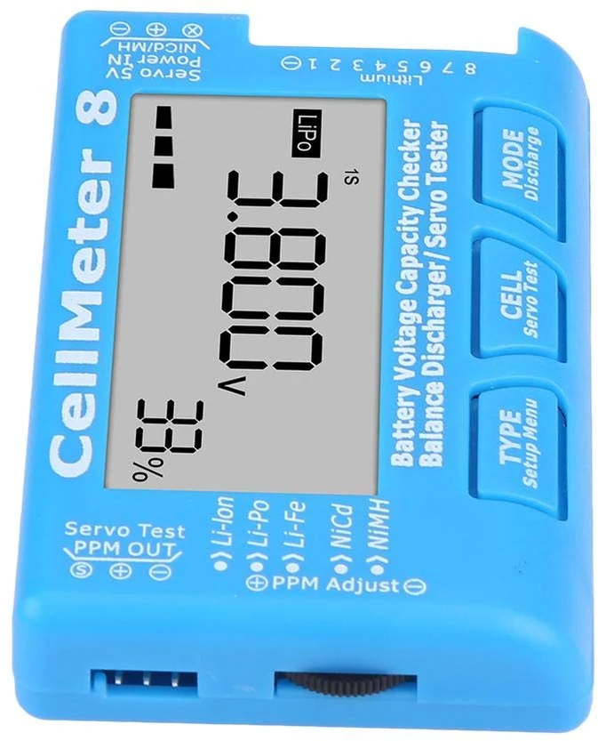 Dilwe akumuliatorių ir servomechanizmų testeris CellMeter 8, LiPo, LiFe, Li-Ion, 2–8S