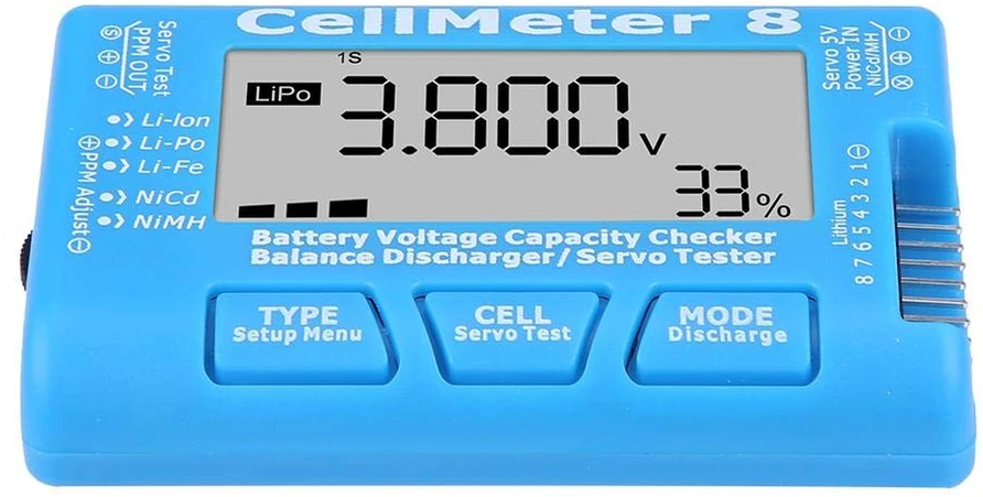 Dilwe akumuliatorių ir servomechanizmų testeris CellMeter 8, LiPo, LiFe, Li-Ion, 2–8S