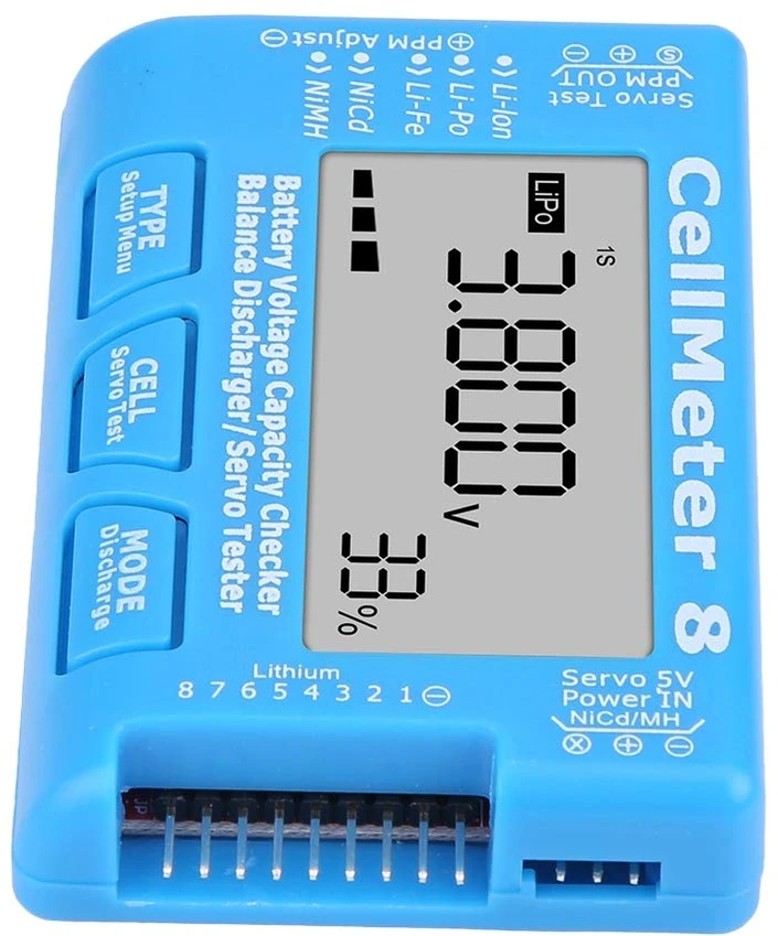 Dilwe akumuliatorių ir servomechanizmų testeris CellMeter 8, LiPo, LiFe, Li-Ion, 2–8S