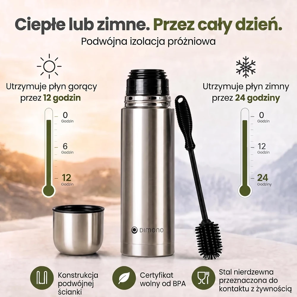 Dimono nerūdijančiojo plieno vakuuminis termosas 1 l su puodeliu