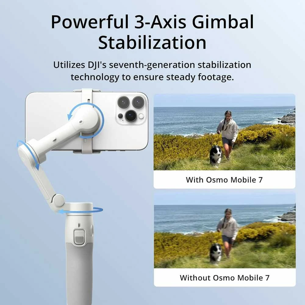DJI Osmo Mobile 7 trijų ašių išmanusis telefono stabilizatorius su ActiveTrack 7.0, integruotu stovu ir ShotGuides funkcija