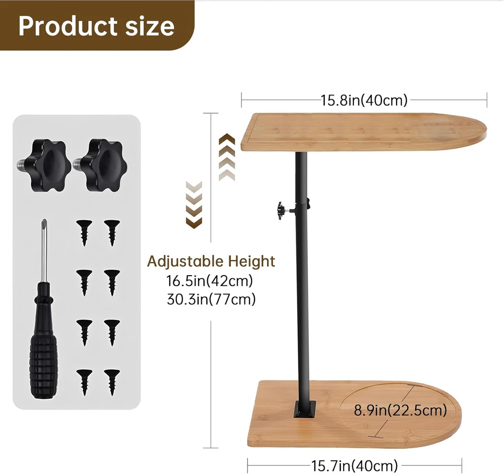 DOKKOME reguliuojamo aukščio kavos staliukas su bambuko paviršiumi, 40x23 cm, 45–83 cm aukščio, sukiojamas 360°