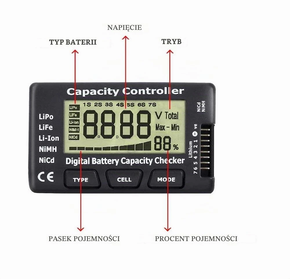 DollaTek akumuliatorių įtampos testeris CellMeter-7, LiPo, LiFe, Li-ion, 1–7 elementams