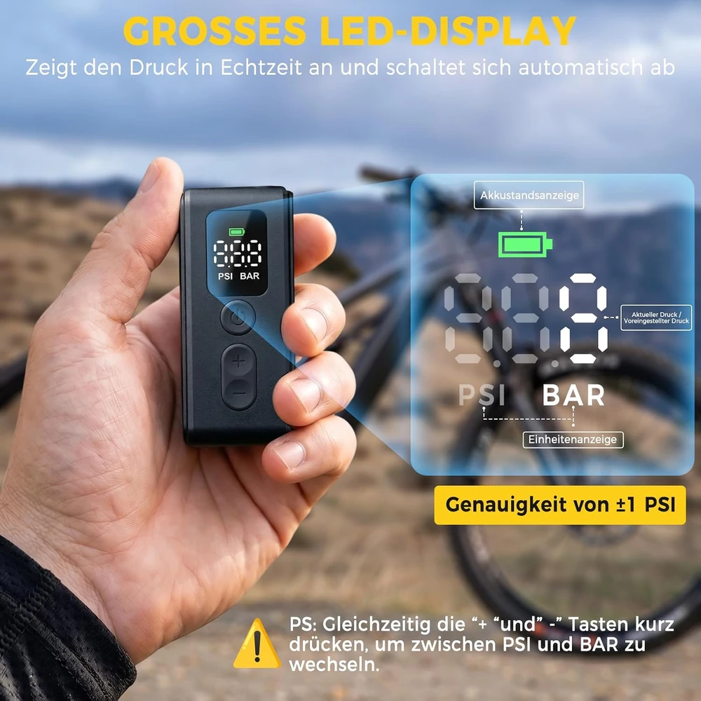 DOMOR elektrinė dviračio pompa 120 psi su USB-C, Presta ir Schrader vožtuvams M7