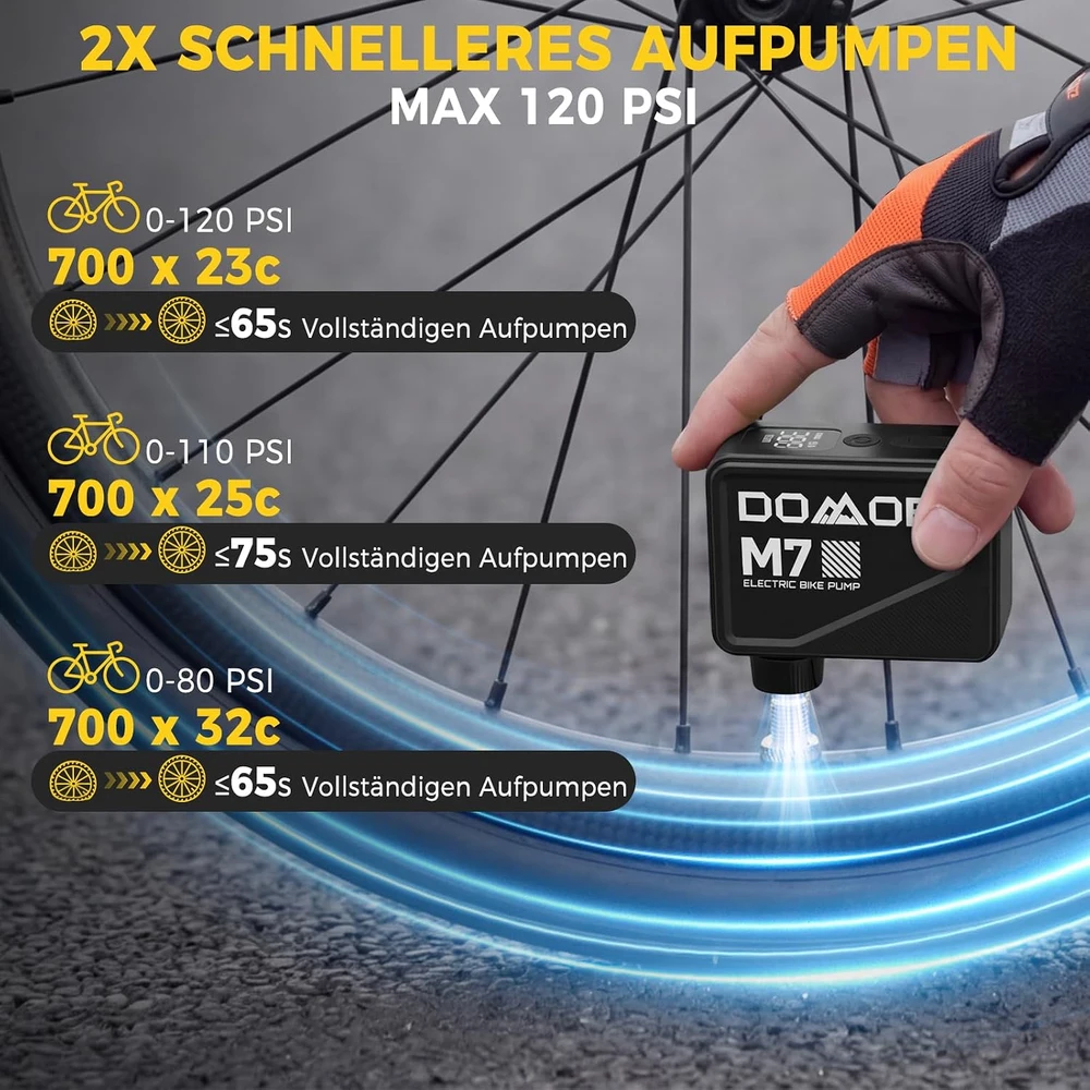 DOMOR elektrinė dviračio pompa 120 psi su USB-C, Presta ir Schrader vožtuvams M7