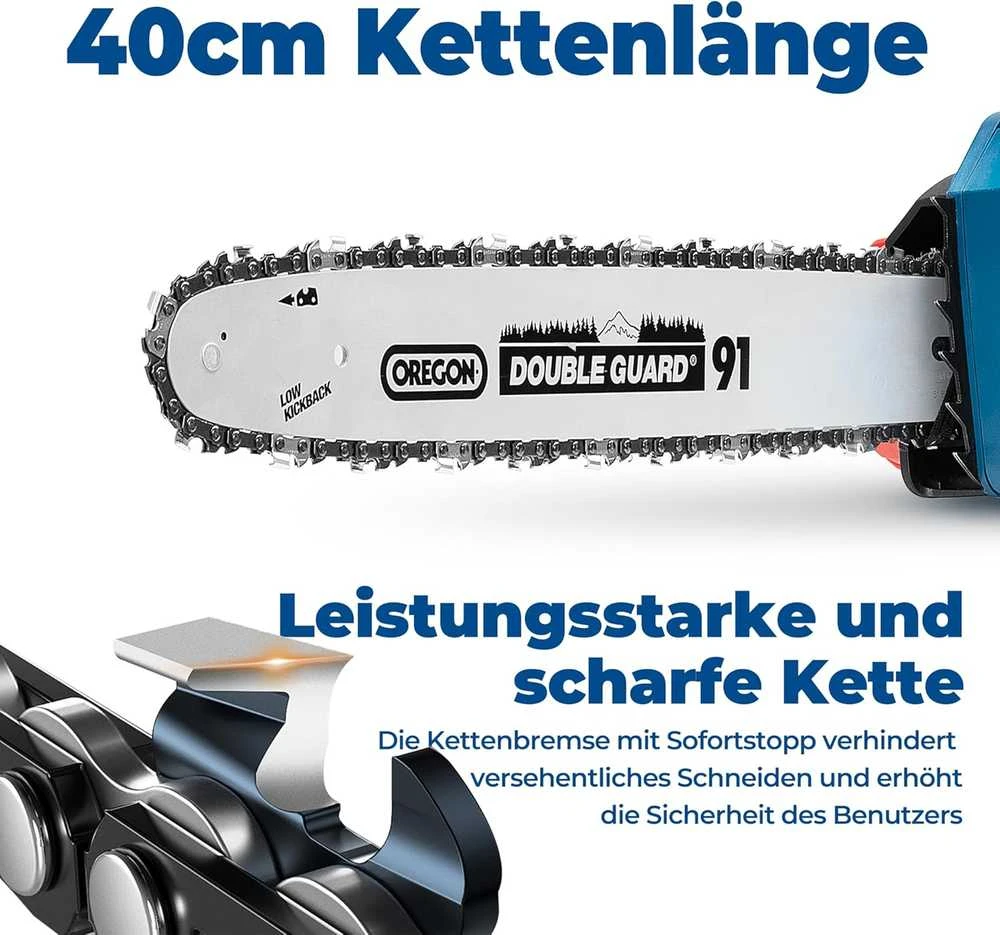 Dong Cheng akumuliatorinis grandininis pjūklas 40 V, 38 cm juostos ilgis, bešepetėlinis variklis DCCS40161