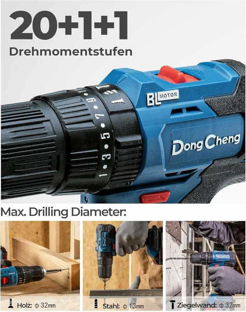 Dong Cheng DongCheng 18 V bešepetė akumuliatorinė smūginis gręžtuvas-suktuvas, 50 Nm, 2 x 2,0 Ah, 13 mm