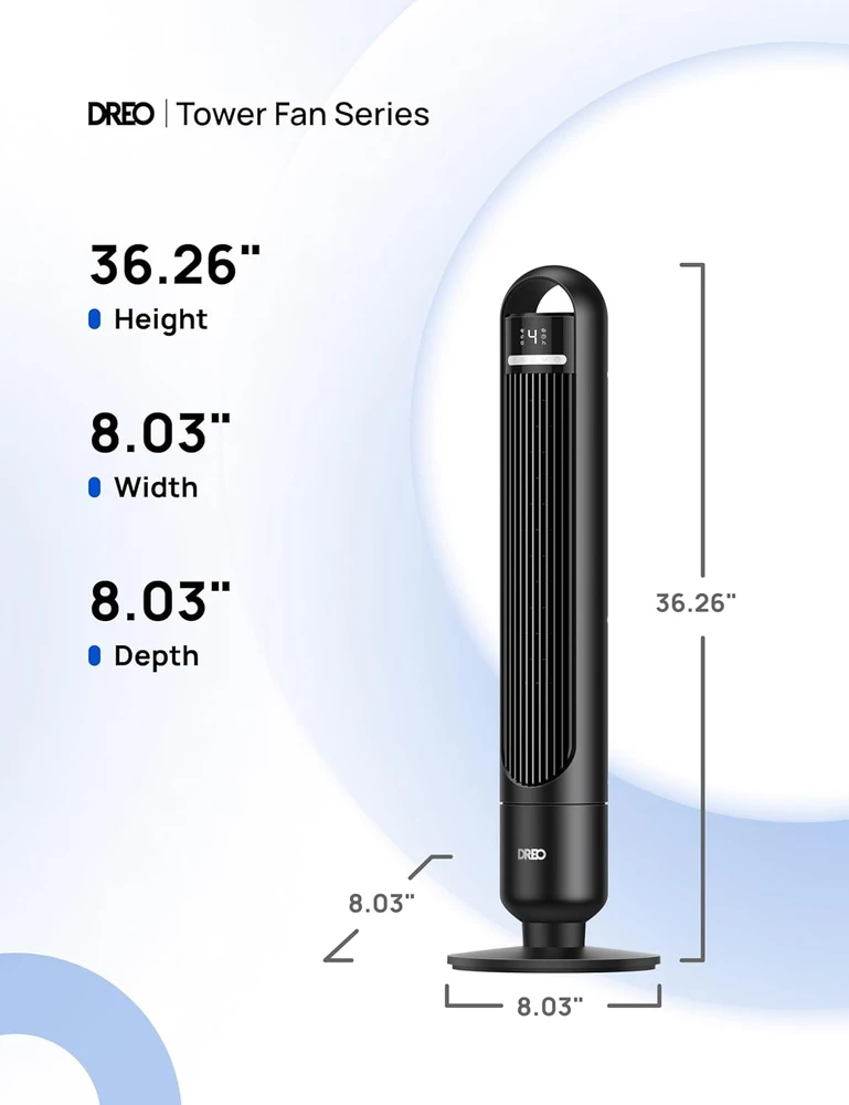 Dreo bokštinis ventiliatorius, 23 dB, 9.8 m oro srautas, 4 greičiai, 90° osciliacija, DR-HTF017