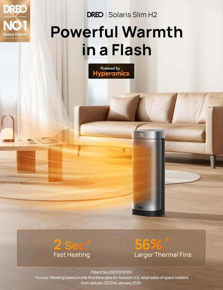 DREO elektrinis keraminis šildytuvas 2000 W su termostatu ir 70° osciliacija DR-HSH014