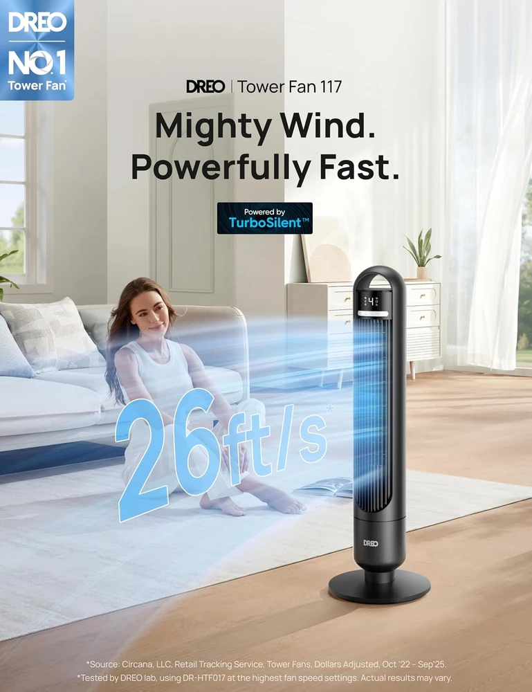 Dreo koloninis ventiliatorius, tylus 28 dB, 4 režimai, Wi-Fi valdymas, Alexa, DR-HTF017S Juodas