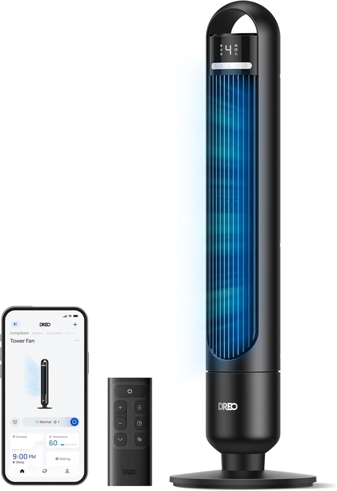 Dreo koloninis ventiliatorius, tylus 28 dB, 4 režimai, Wi-Fi valdymas, Alexa, DR-HTF017S Juodas