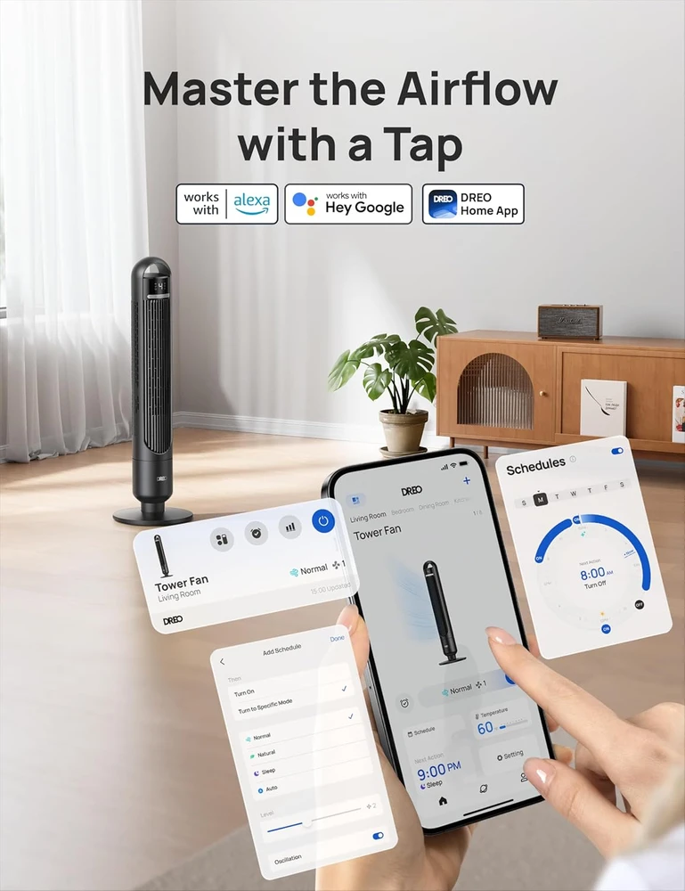 Dreo koloninis ventiliatorius, tylus 28 dB, 4 režimai, Wi-Fi valdymas, Alexa, DR-HTF017S Juodas