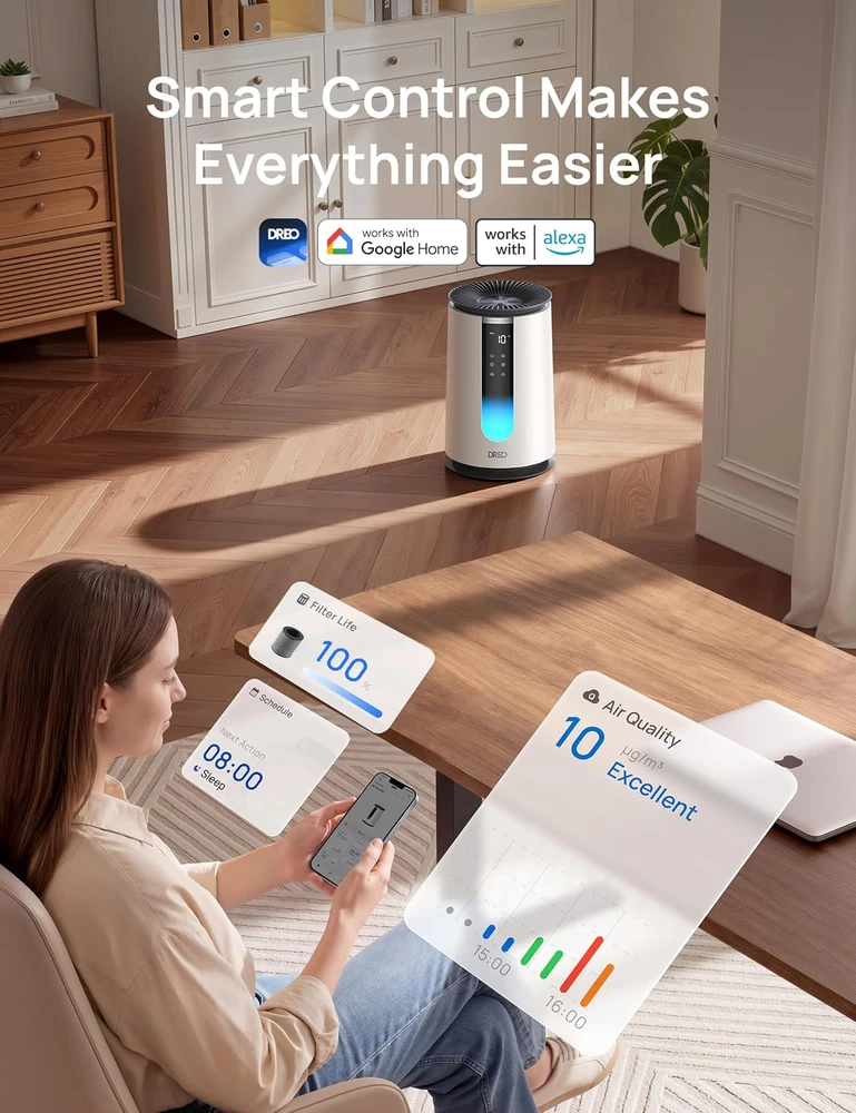 DREO oro valytuvas 338S su HEPA filtru, Wi-Fi valdymu ir PM2.5 jutikliu DR-HAP008S Baltas