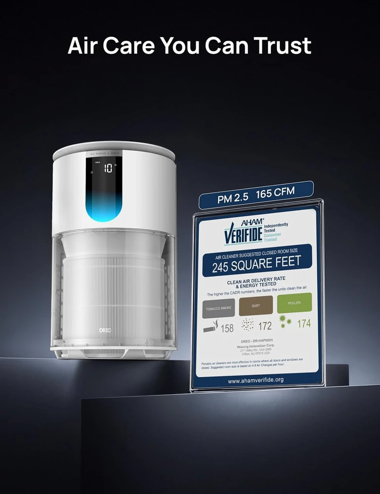 DREO oro valytuvas iki 109 m² su HEPA 3-in-1 filtru, Wi-Fi ir PM2.5 jutikliu DR-HAP009S Baltas