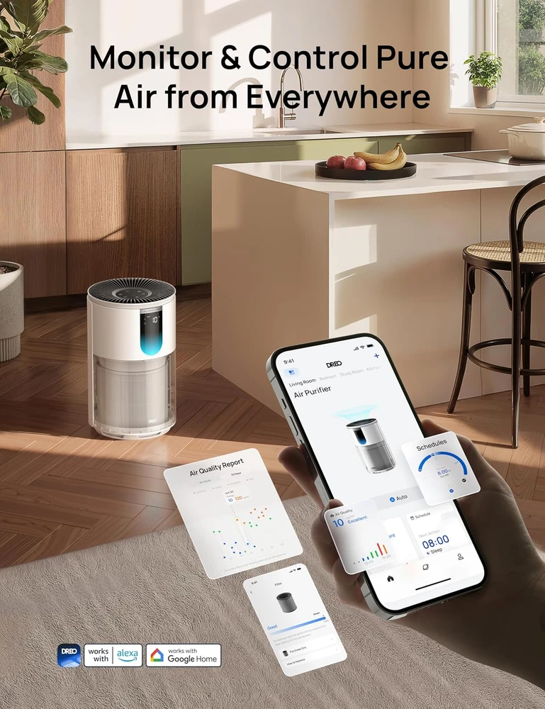 DREO oro valytuvas iki 109 m² su HEPA 3-in-1 filtru, Wi-Fi ir PM2.5 jutikliu DR-HAP009S Baltas