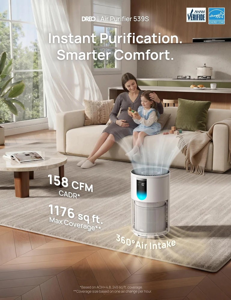 DREO oro valytuvas iki 109 m² su HEPA 3-in-1 filtru, Wi-Fi ir PM2.5 jutikliu DR-HAP009S Baltas