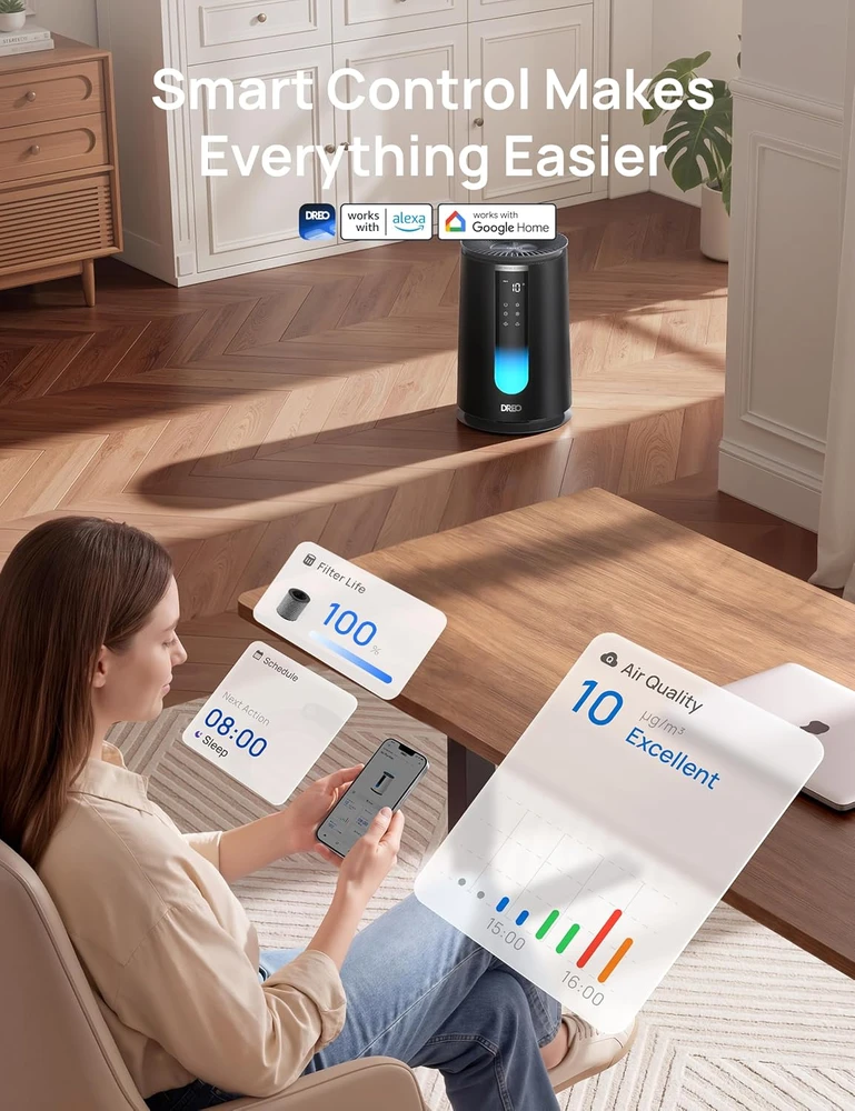 DREO oro valytuvas miegamajam su HEPA filtru, 195 m³/h CADR, Wi-Fi, DR-HAP008S Juodas