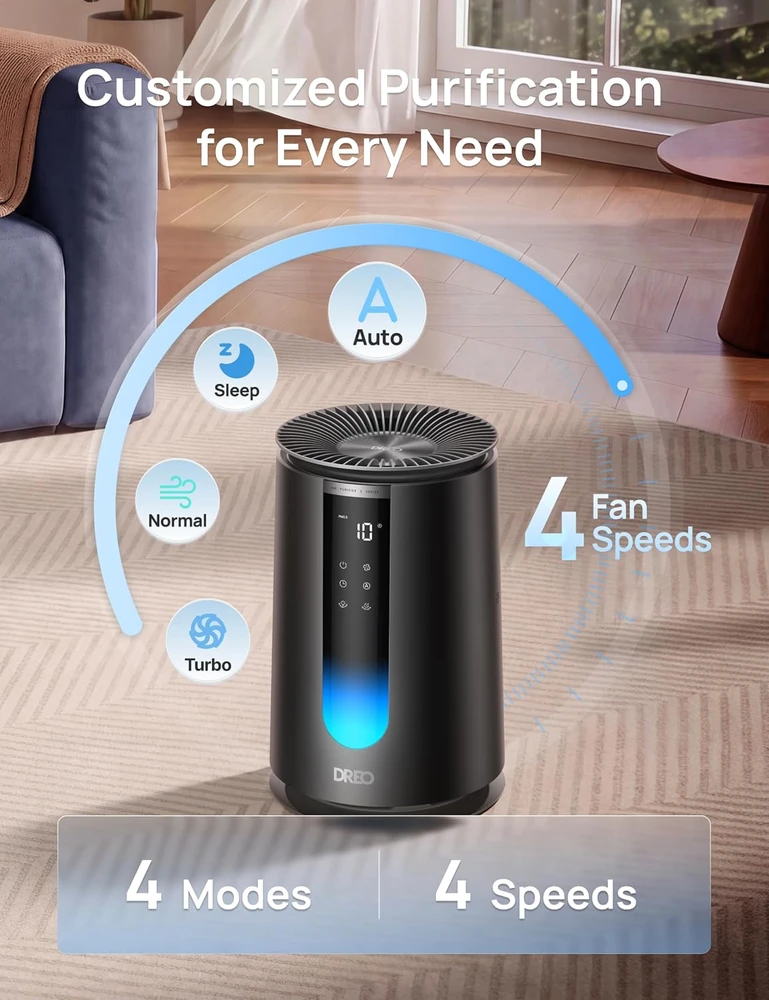 DREO oro valytuvas miegamajam su HEPA filtru, 195 m³/h CADR, Wi-Fi, DR-HAP008S Juodas